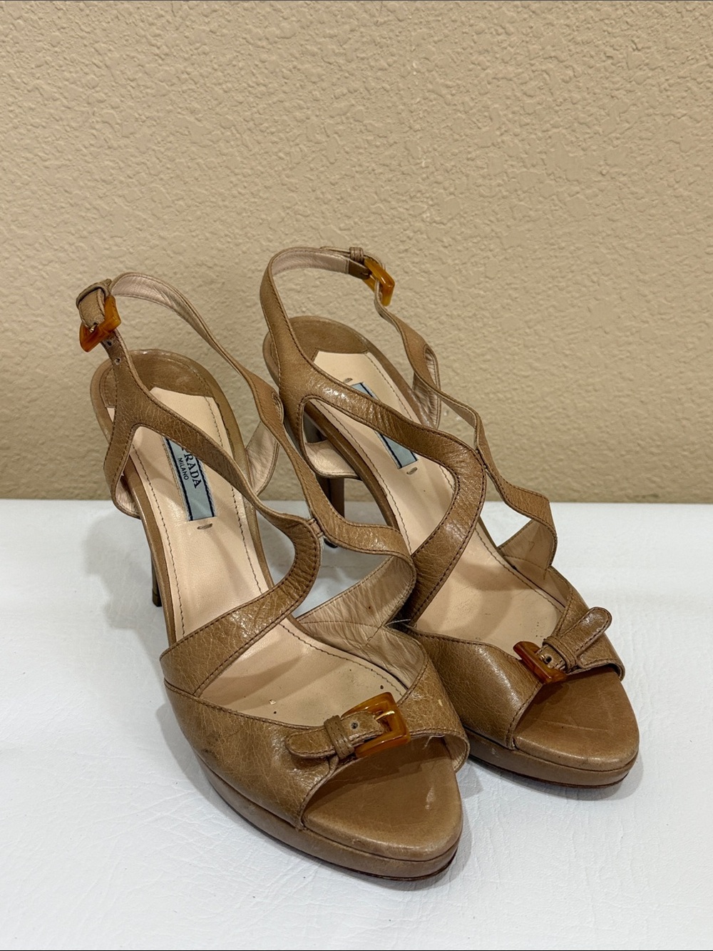 Prada Tan Leather High Heel Sandals
